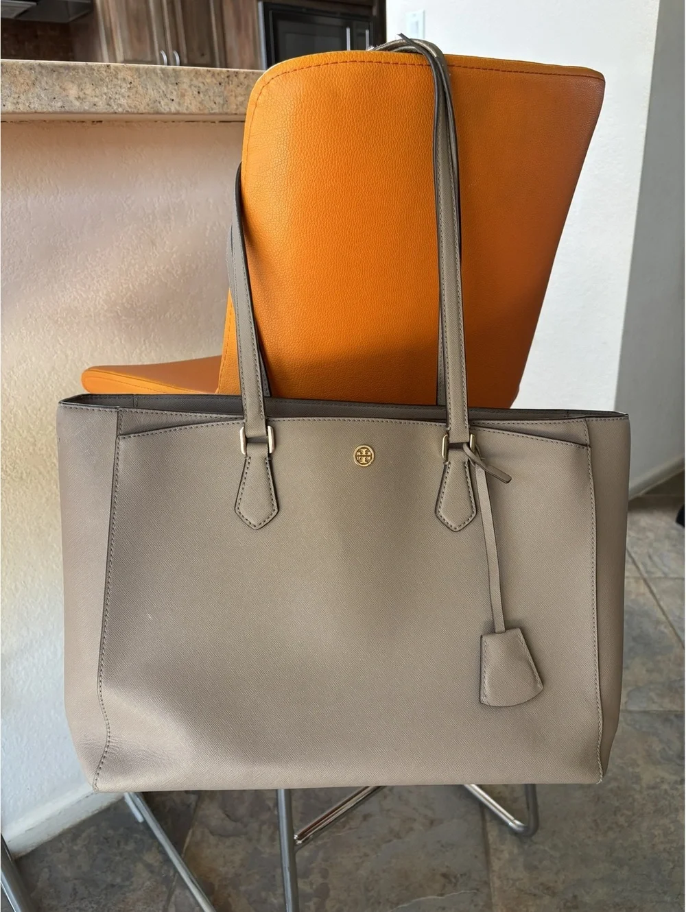Tory Burch Slate Gray Saffiano Leather Large Tote Shoulder Bag - As Is